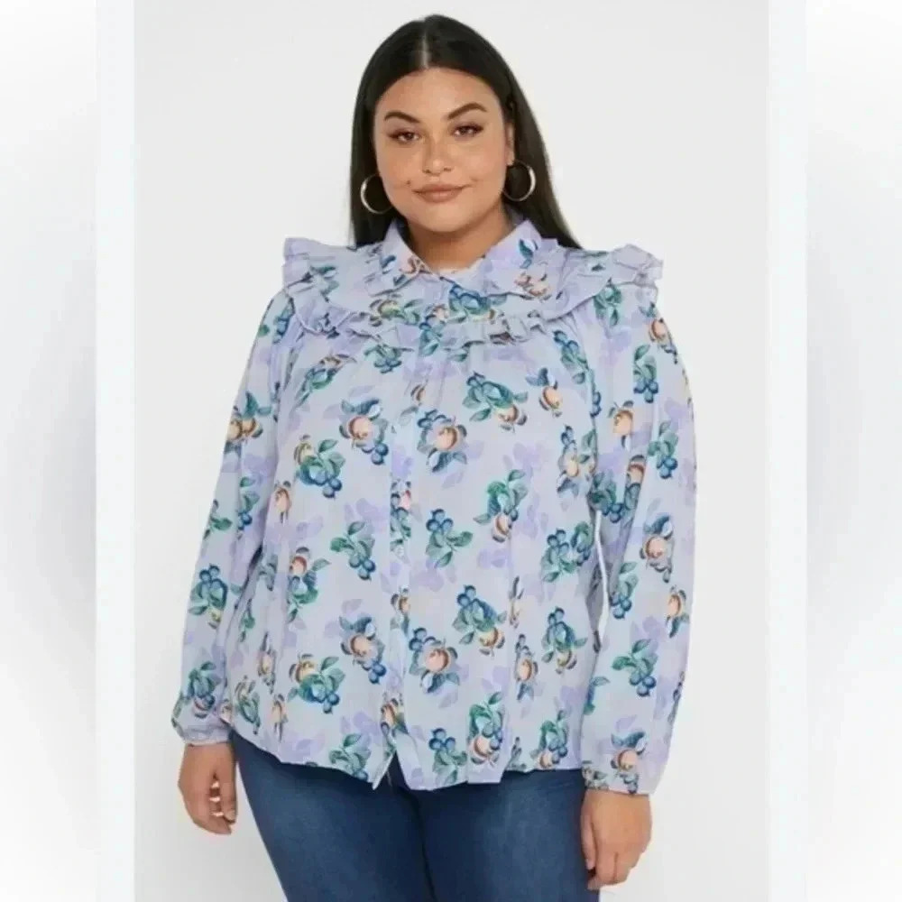 Lost Ink | Women’s Plus Size 4X Ruffled Floral Fruit Button Down Blouse